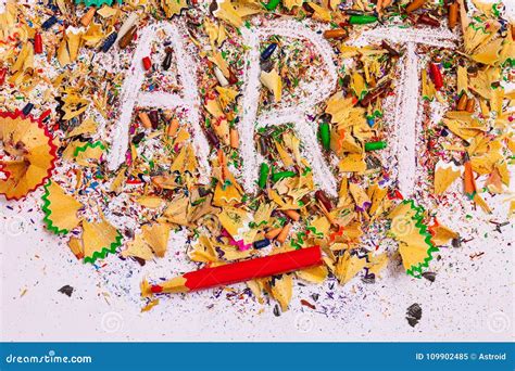 Word Art Over A Shavings Of Pencils For Drawing Stock Image Image Of