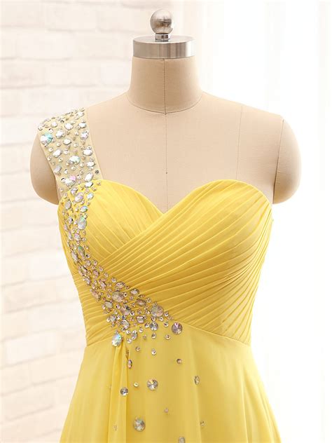 Elegant One Shoulder Yellow Chiffon Beaded Pleat Long Party Dressbridesmaid Dresses On Luulla