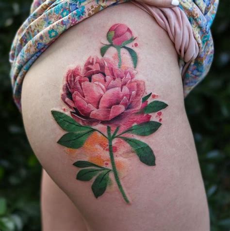 Peony Tattoo On The Right Thigh