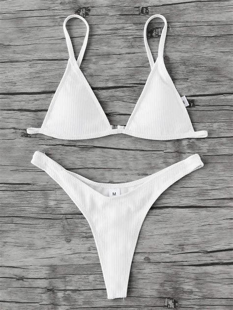 Romwe High Leg Triangle Ribbed Bikini Set Bella Hadid In White Thong Bikini Popsugar Fashion