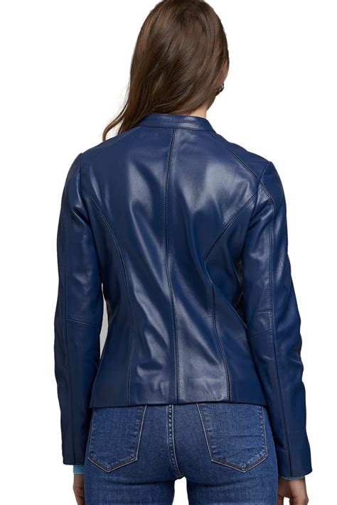 Womens Classic Dark Blue Leather Jacket Bikers Leather Jacket