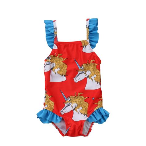 Newborn Kids Baby Girls Unicorn Lace Ruffles Swimwear Bathing Suit