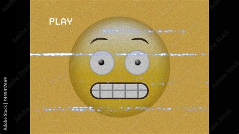 Digital Animation Of Vhs Glitch Effect Over Grimacing Face Emoji On