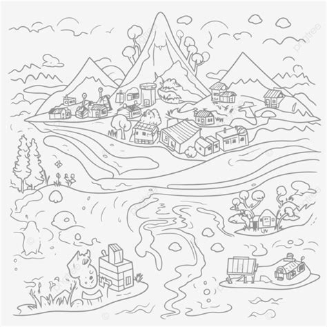 Coloring Page Features A Village With Trees Outline Sketch Drawing
