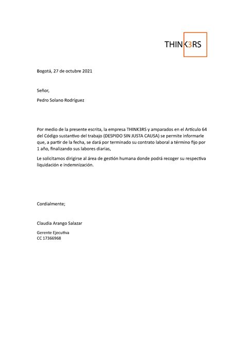 Carta Terminación De Contrato Servicios Financieros Bogotá 27 De