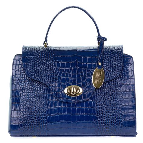 Blue Croc Embossed Leather Medium Tote Handbag Made In Italy By Giordano