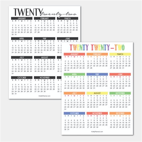 2022 Year At A Glance Free Printable Calendar — Krafty Planner