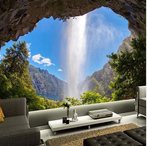 3d Cave Opening Waterfall Natural Landscape Mural