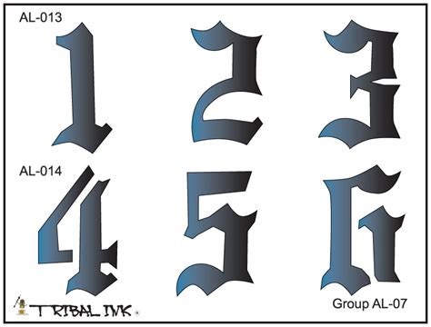 Airbrush Tattoo Stencil Set Old English Numbers Large 07