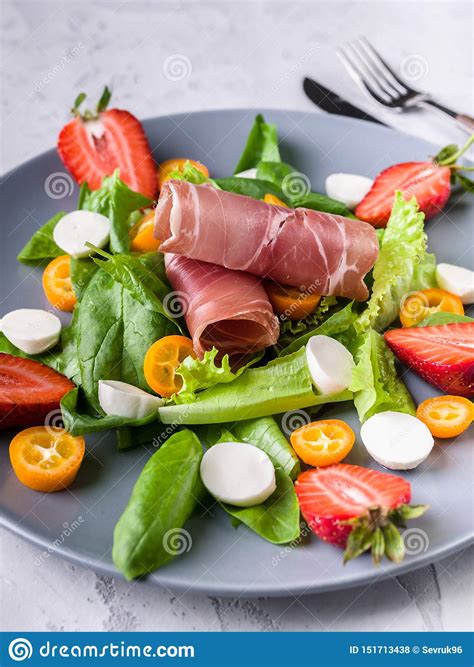 Delicious Italian Salad With Greens Strawberries Bresaola Lumps And