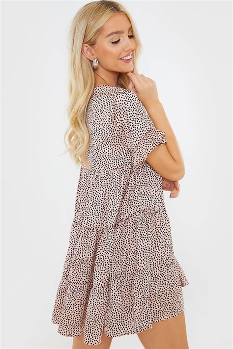 Nude Polka Dot Tiered Smock Dress In The Style