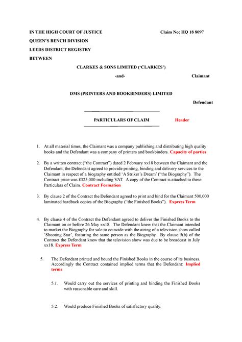 Particulars Of Claim Form Clarkes V Dms In The High Court Of Justice