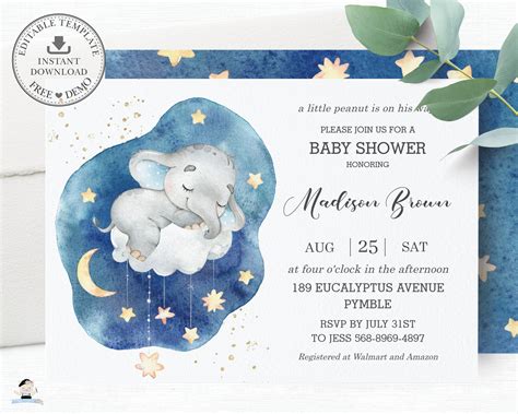 Elephant Baby Shower Invitation Editable Template Boy Etsy Australia