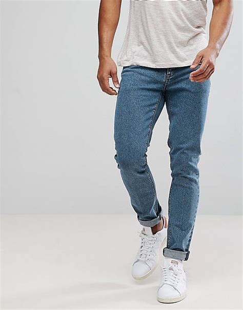 Asos Design Skinny Jeans In Flat Mid Blue Asos