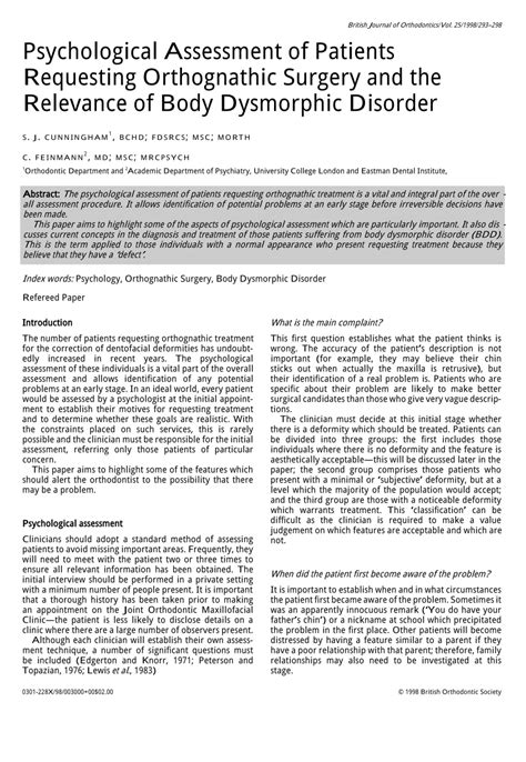 Research in the field of psychotherapy, of which body psychotherapy is a subset, has been a theater of contention virtually since its inception. (PDF) Psychological assessment of patients requesting orthognathic surgery and the relevance of ...