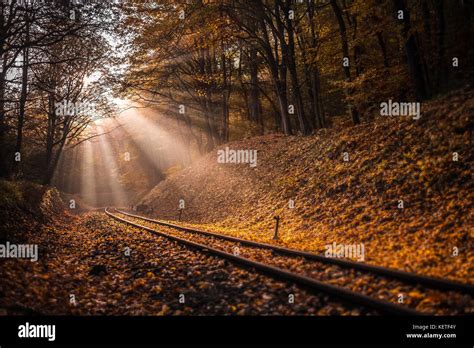 Budapest Hungary Rising Sun Falls On The Railroad Track Leading
