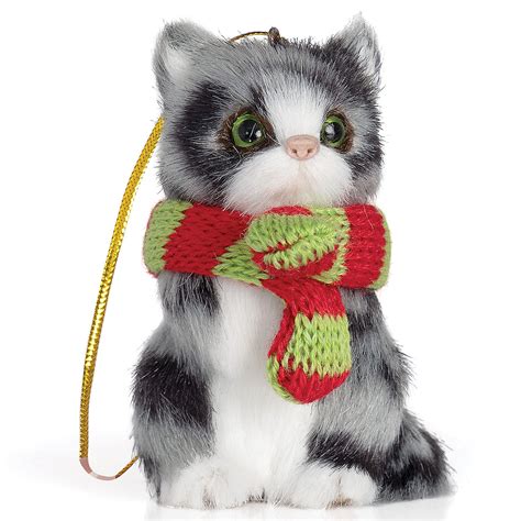 Ornativity Christmas Mini Cat Ornament Furry Grey Kitten With Scarf