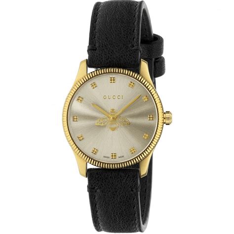 Gucci G Timeless Slim Gold Pvd And Leather Watch Bee Motif Ya1265023
