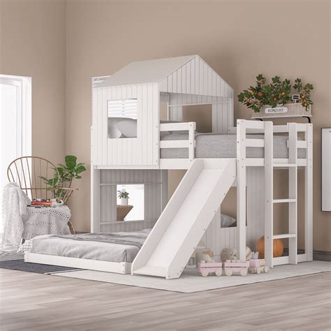 Twin Over Full Loft Bed With Farmhouse Ladder Slide And Guardrails