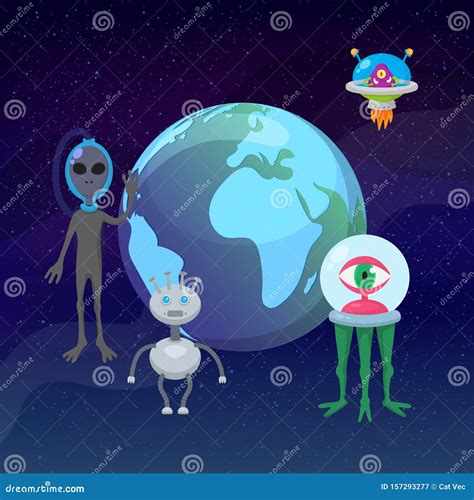 Ufo Game Cartoon Aliens With Earth Planet Globe Vector Illustration