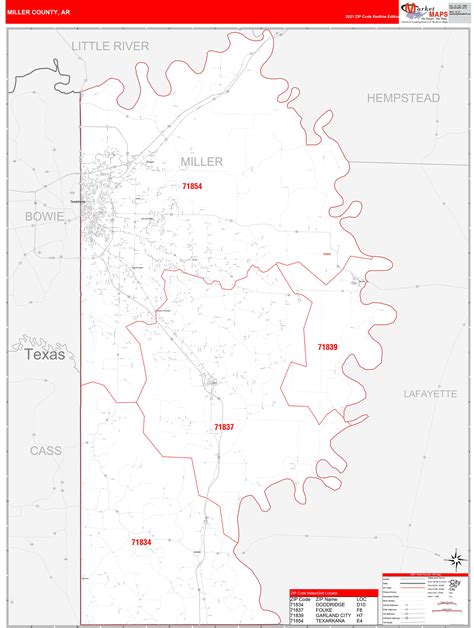 Miller County Ar Zip Code Wall Map Red Line Style By Marketmaps Mapsales
