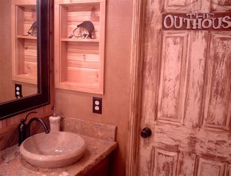 A room containing a bathtub or a shower and usually also a washbasin and a toilet. outhouse bathroom decor! I love the idea of the outside of ...