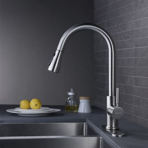 Faucets are the cheery on the top in every kitchen, and when buying one, it is important to consider not only the design but also its functionality and quality. WEWE Single Handle High Arc Brushed Nickel Pull out ...