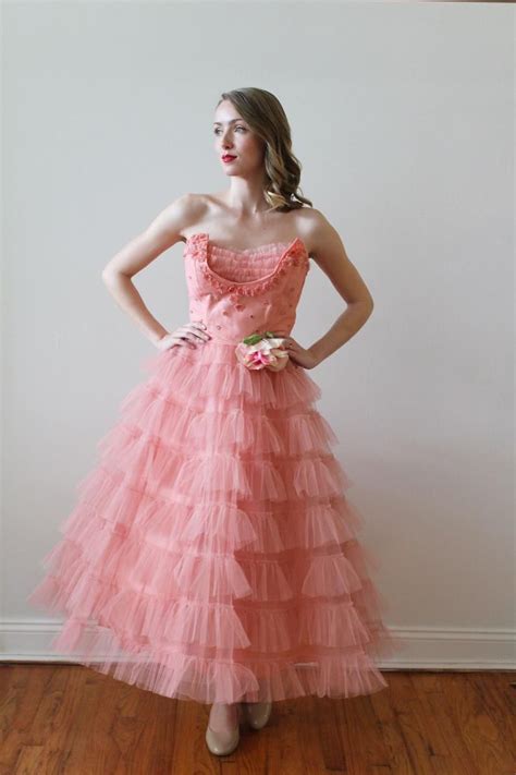 1950s Coral Tulle Ruffled Prom Party Dress With Floral Etsy Prom