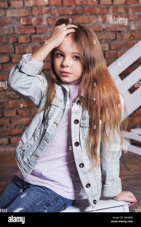 Portrait Little Fashion Kidstylish Hipster Girl Child Wearing Denim