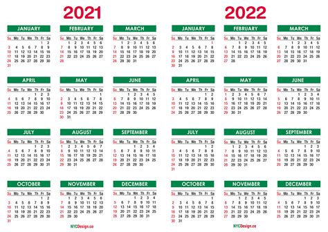 2021 2022 Two Year Calendar Printable Free Green