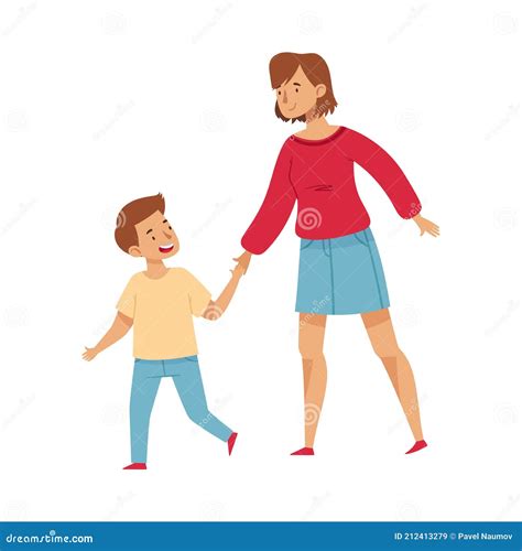 female mom walking with her little son standing vector illustration stock vector illustration