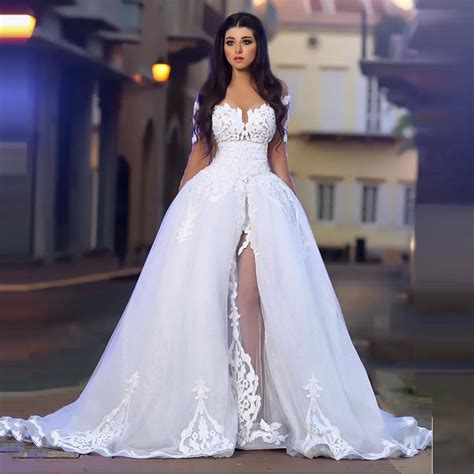 Unique Sexy Bridal Dresses High Side Split Romantic Wedding Gowns Lace Long Sheer Sleeves 2016
