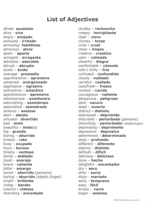 English And Spanish Vocabulary List Armes