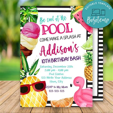 Editable Tropical Pool Party Birthday Invitation Instant Download Sportspartydesign