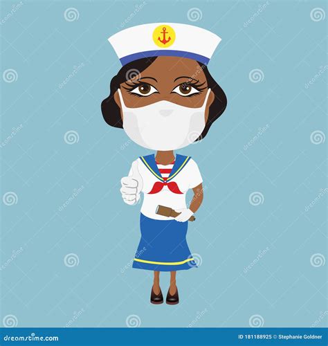 Black Female Cute Sailor With Mask And White Gloves Showing Thumb Up