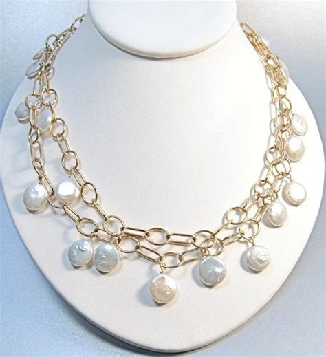 Coin Pearl Necklace Long Gold Chain Necklace Flat Pearl Etsy