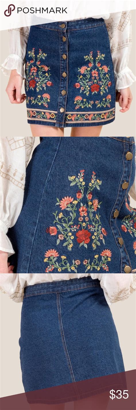 Ambrose Embroidered Denim Skirt With Buttons In 2020 Embroidered Denim Denim Skirt Skirts