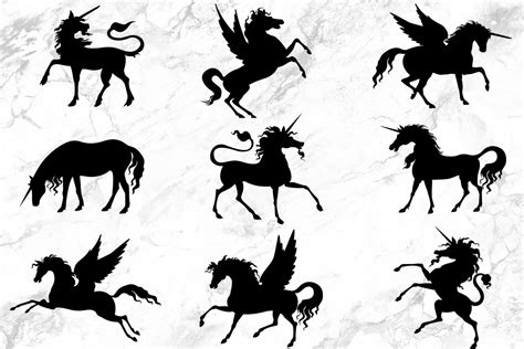 Unicorn Silhouettes Unicorn And Pegasus Vector Clipart Etsy