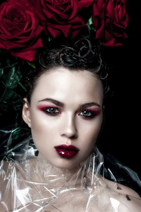 Beauty Fashion Model Woman Face Portrait With Red Rose Flowers Red