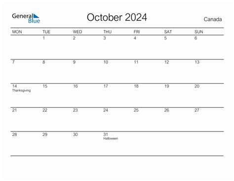 Printable October 2024 Monthly Calendar With Holidays For Canada