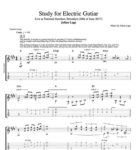 With practice, you'll get better at learning how to read guitar sheet music in every form. "Study for Electric Guitar" by Julian Lage || Guitar: Tabs + Sheet Music/Score + Chords — Play ...