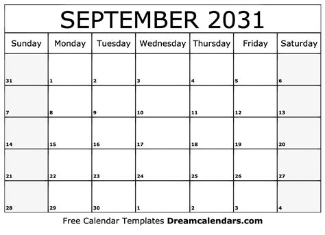 September 2031 Calendar Free Blank Printable With Holidays