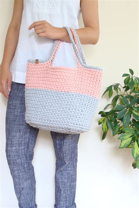Two Color Crochet Bag Cotton Cord Basket Tote Custom Beach Etsy In