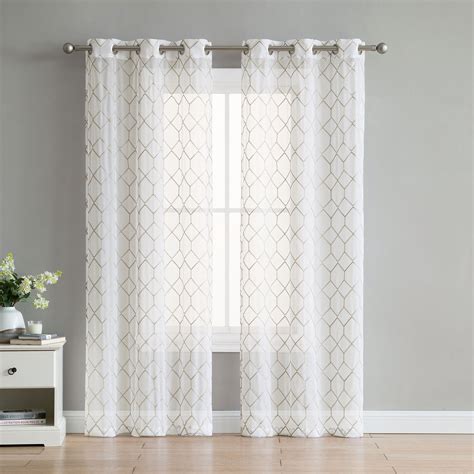Set Of Two 2 White Sheer Window Curtains Goldtaupe Embroidered
