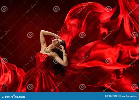 Woman In Red Dress Blowing With Flying Fabric Fashion Posing Girl Silk Fluttering Cloth Stock