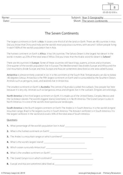 Worksheet will open in a new window. Reading comprehension - The Seven Continents | PrimaryLeap.co.uk (With images) | Reading ...