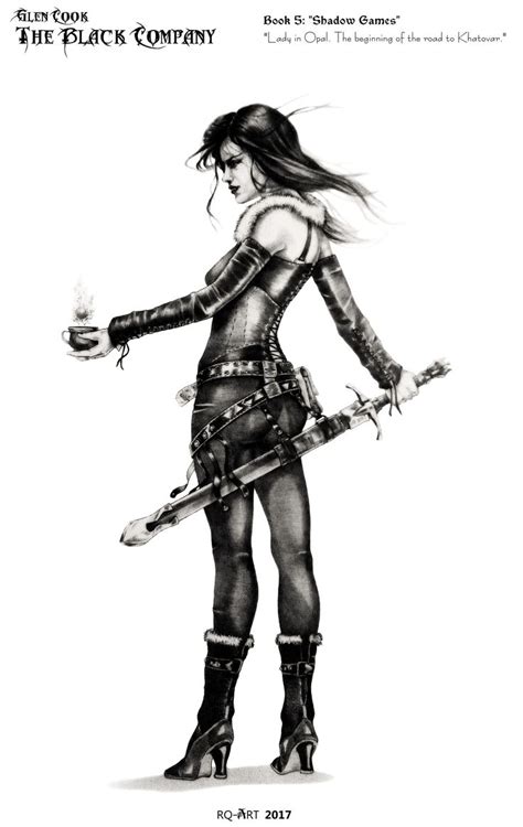 A Black And White Drawing Of A Woman Holding Two Swords In One Hand