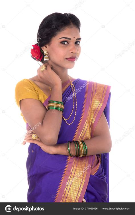 Beautiful Indian Young Girl Posing Traditional Indian Saree White