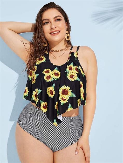 Plus Sunflower Print Hanky Hem Bikini Set Plus Size Bikini Plus Size