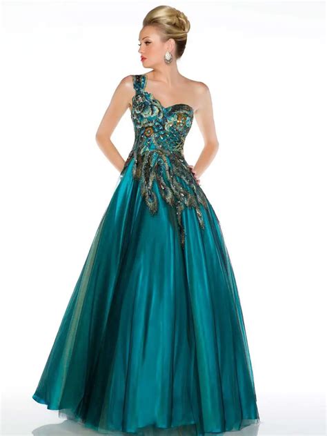 Sexy Sweetheart Open Back Peacock Feather Emerald Green One Shoulder